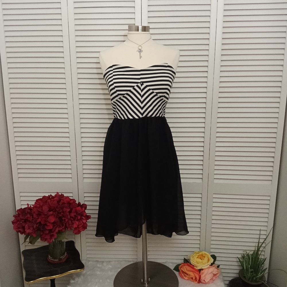 Deb strapless black and white stripe chiffon dress